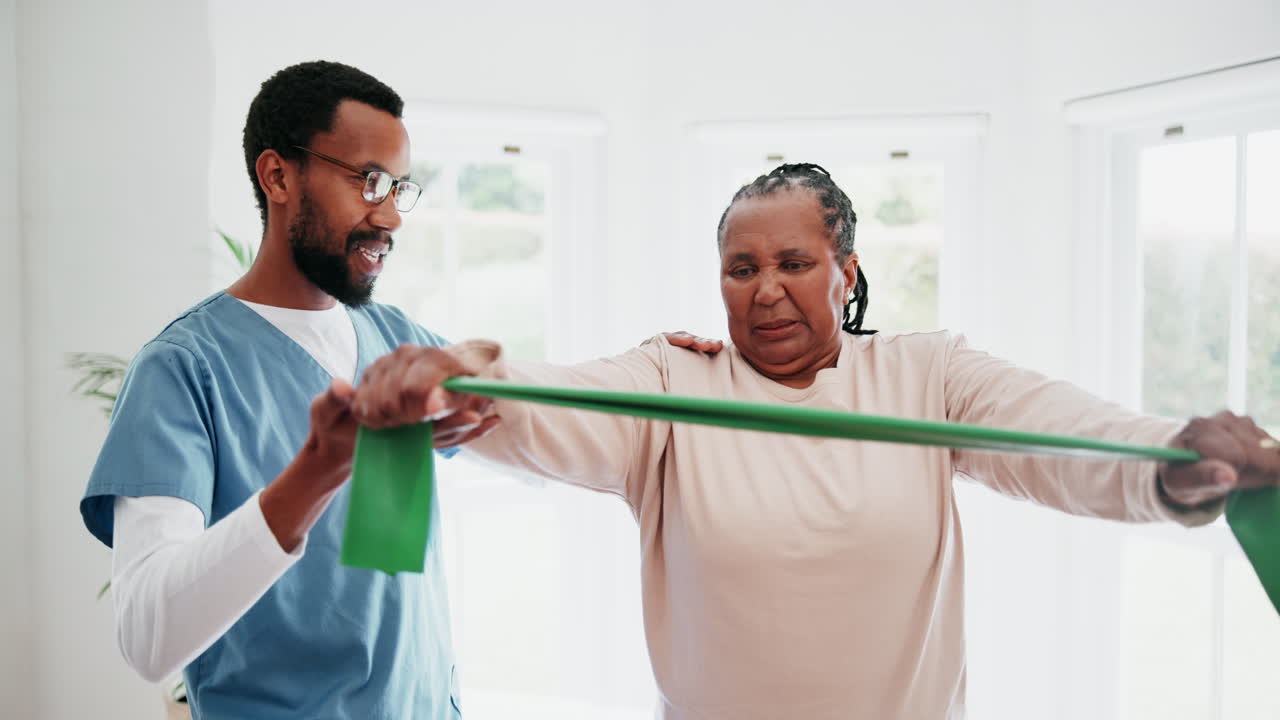 Physiotherapy, arms and resistance with a black