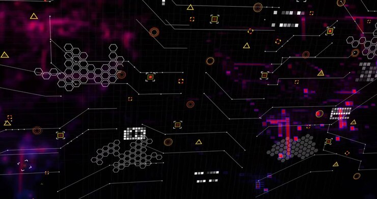 Interface opening, tracing circuit lines, showing elements, shifting shapes suggesting data flow