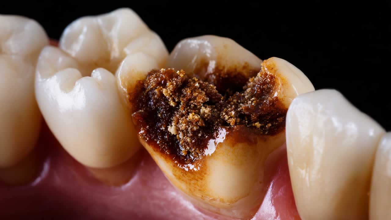 A close-up examination of advanced dental decay illustrating the impact of cavities on tooth structure, highlighting the discoloration and deterioration of enamel, while showcasing dental hygiene negligence
