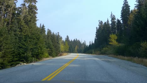 Fahren-Auf-Einer-Autobahn-Mit-Dichtem-Nadelwaldpark-Tagsüber