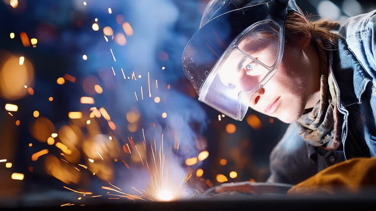 Focused Welder Engaged in a Metal Fabrication Process, Sparks Flying from Weld Joint Creating a Dynamic and Intense Atmosphere in a Workshop Environment