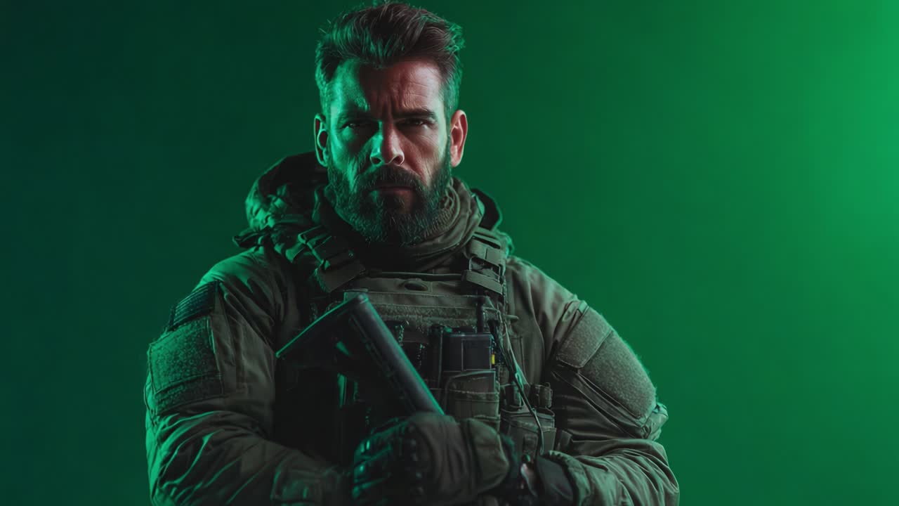 Una Presenza Imponente: Un operatore tattico si erge saldamente in un'illuminazione verde scuro, tenendo un'arma con intensità e determinazione per operazioni ad alto rischio.