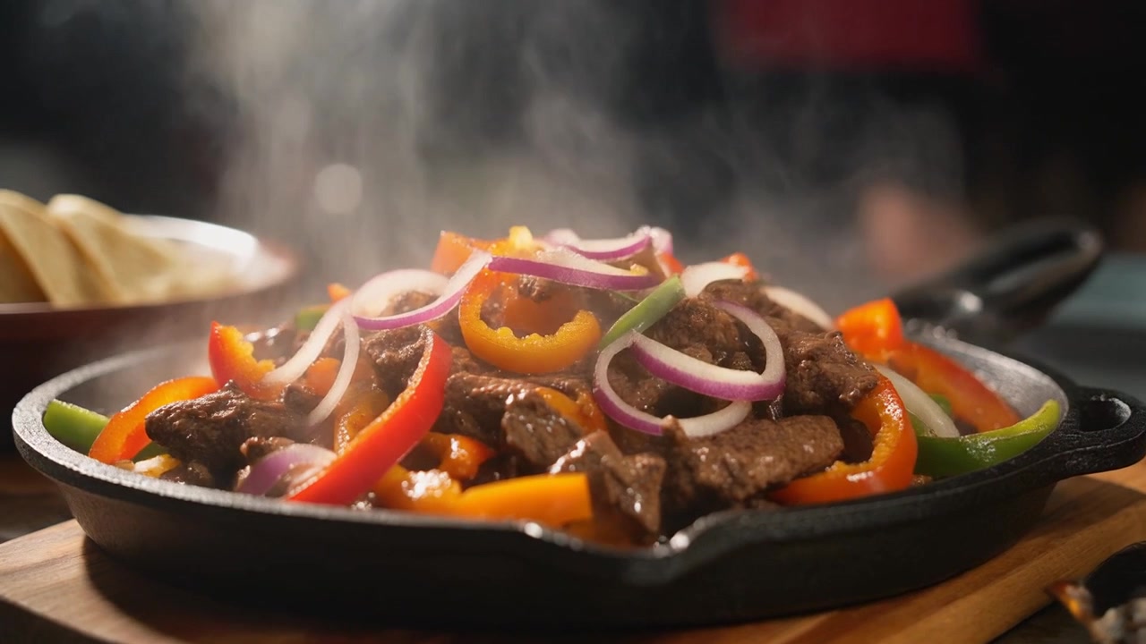 Fajitas di manzo sfrigolanti servite in una padella di ghisa calda