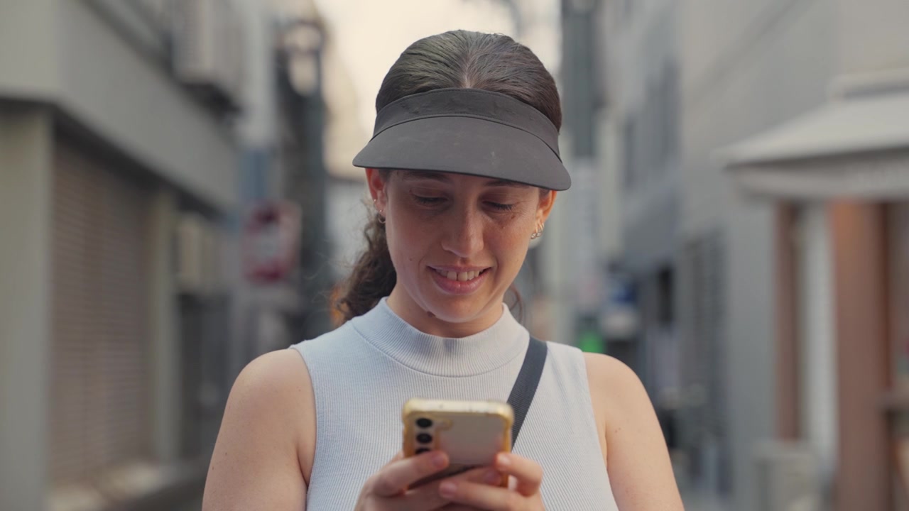 Donna caucasica sorridente sulla trentina che usa il suo smartphone per messaggiare e navigare mentre cammina per una strada stretta a Tokyo, Giappone, durante una soleggiata giornata estiva, godendosi la sua vacanza