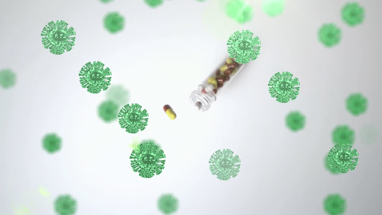 落下する ⁇ 剤の箱の上に浮かぶマクロcovid-19細胞のアニメーション