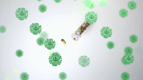 animación de células macro covid-19 flotantes sobre una caja de pastillas que cae