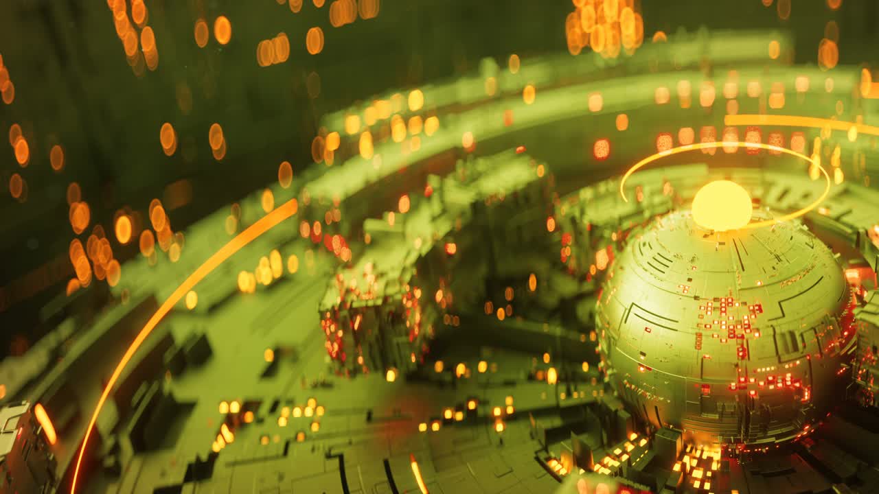 빛나는 led를 가진 회전하는 공상 과학 기계 3d 렌더링 애니메이션