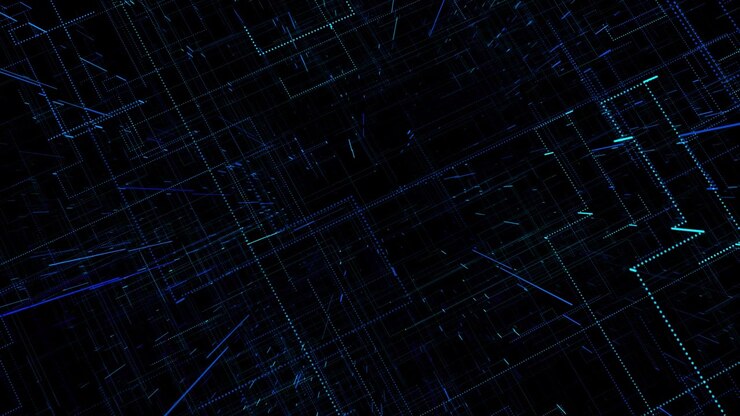 Sfondo a griglia di rete blu scuro con linee puntinate, percorsi di circuito ciano e struttura di dati astratta