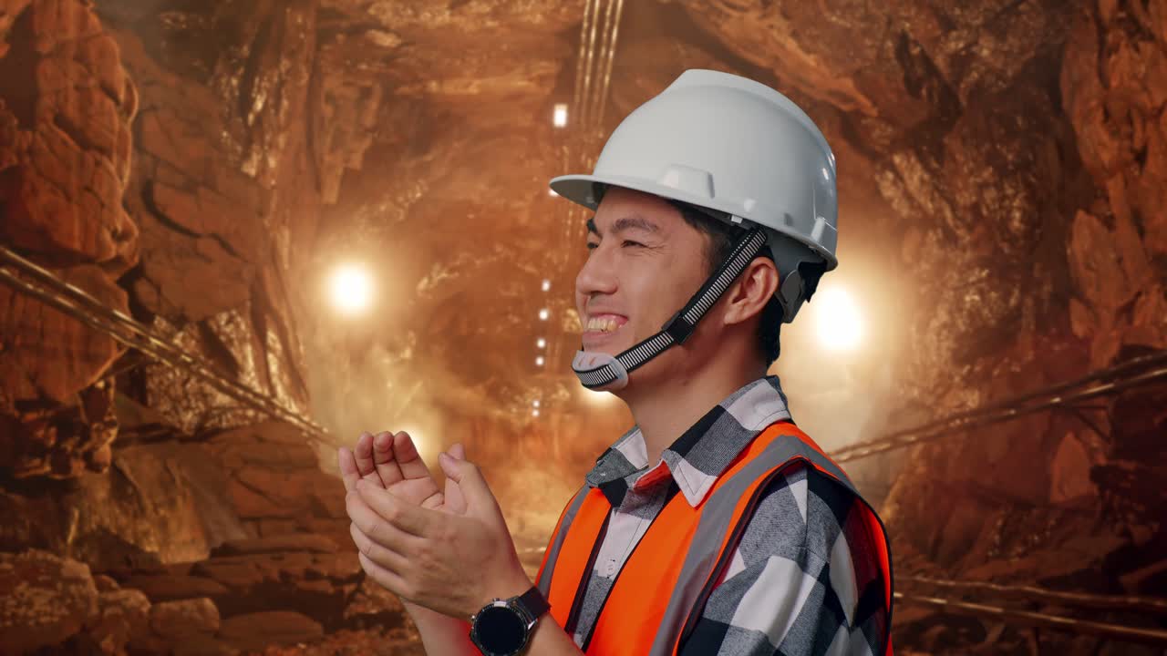 Close Up Side View Of Asian Male Engineer With Safety Helmet Smiling And Clapping His Hands While Standing In Underground Mine Tunnel