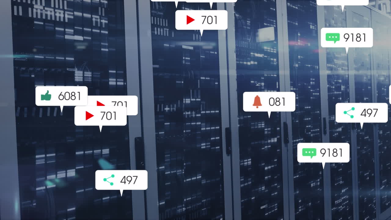 컴퓨터 서버를 통해 소셜 미디어 아이콘과 숫자의 애니메이션