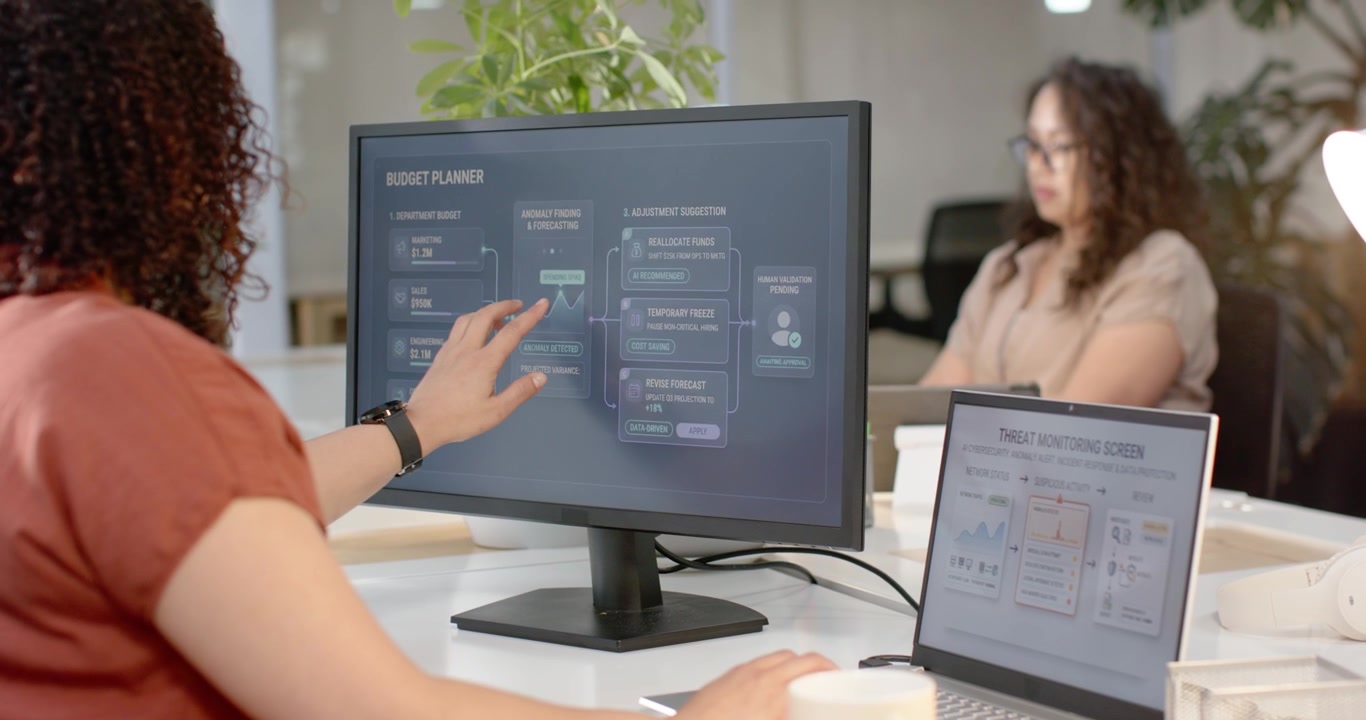 Diverse coworkers in office, woman reacting to Threat alert, switching Budget UI, copy space