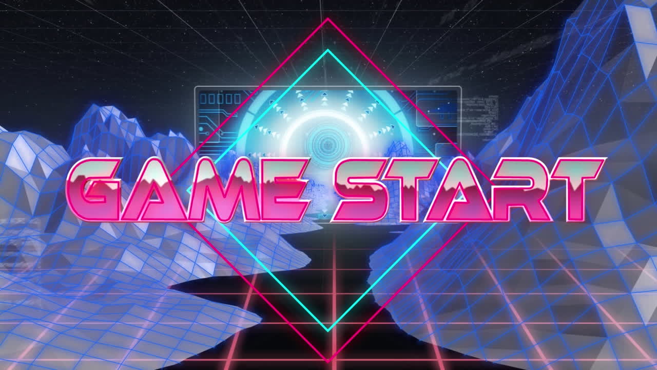 스크린과 함께 디지털 추상 공간에서 게임 시작의 애니메이션