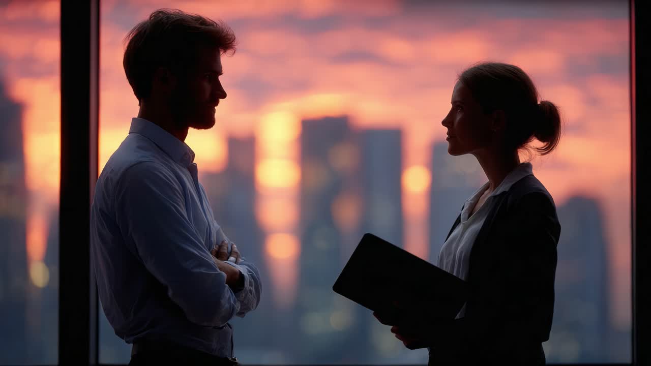 Conversazione intima in silhouette al tramonto: una relazione tra due colleghi sullo sfondo di un panorama urbano mozzafiato