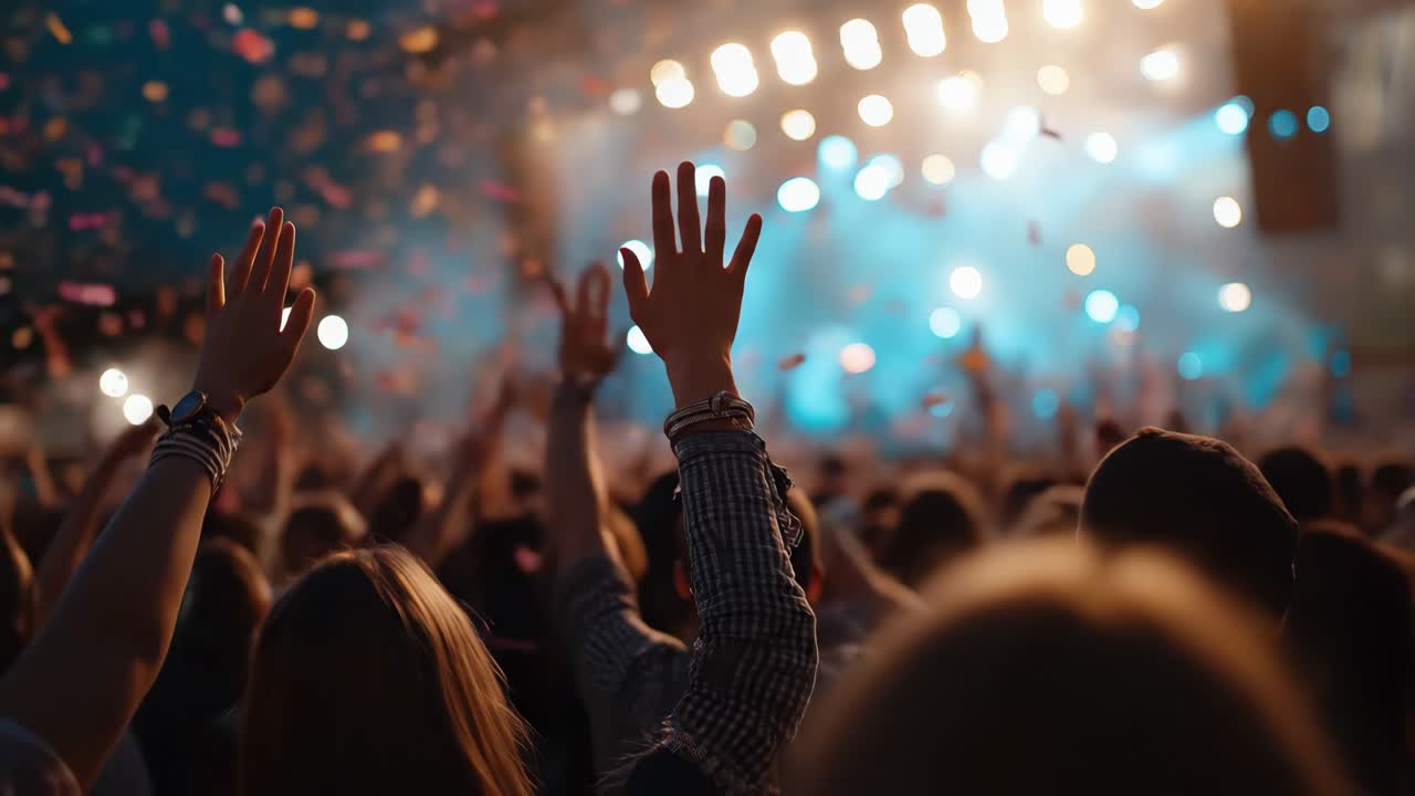 Pubblico energico a un concerto con le mani alzate