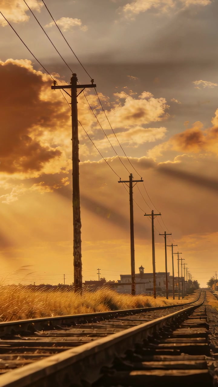 Vertical video: Moving camera showing railroad tracks and utility poles by dry grass toward horizon
