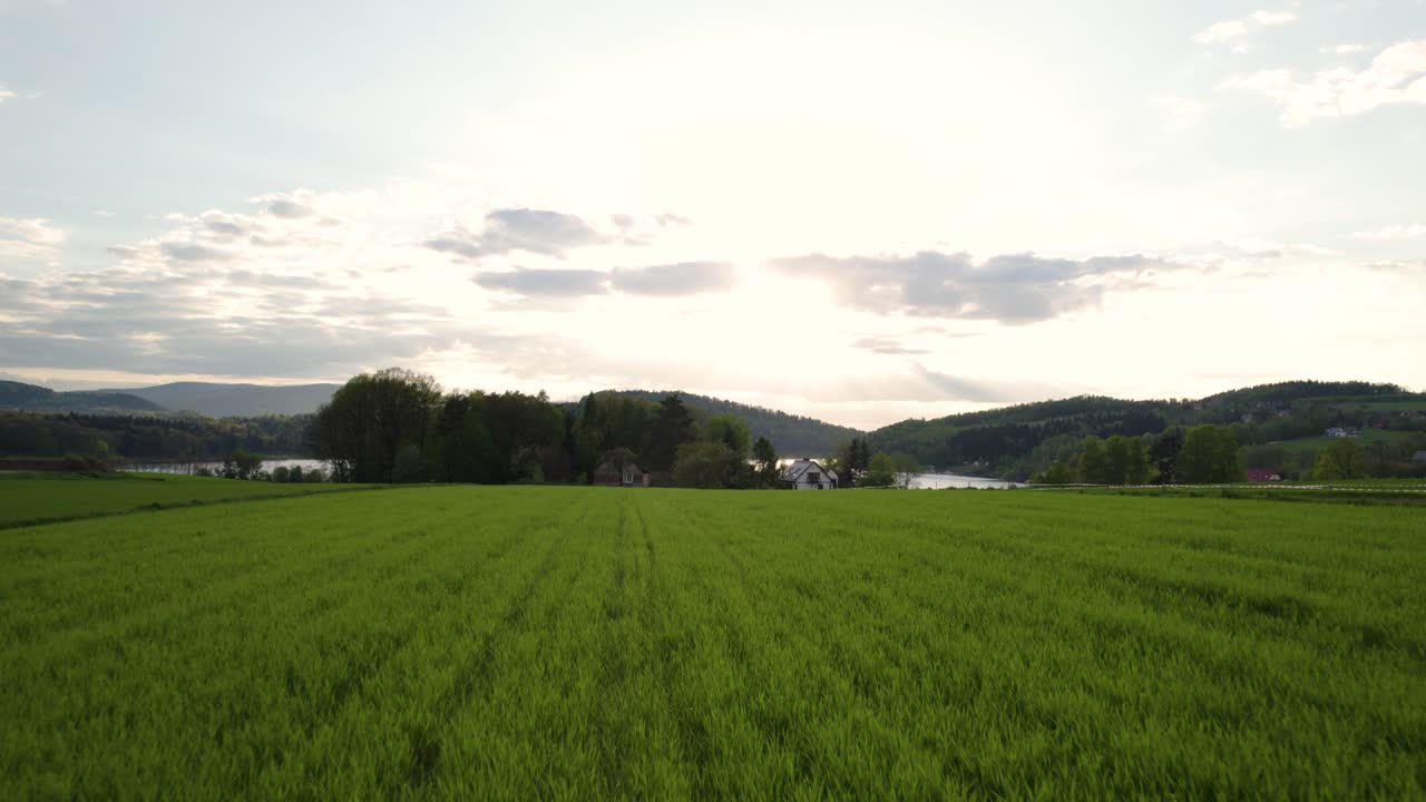 imágenes aéreas de campos verdes, casas junto al lago durante la puesta de sol