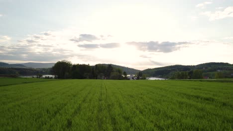 aerial footage of green fields, lakeside houses during sunset