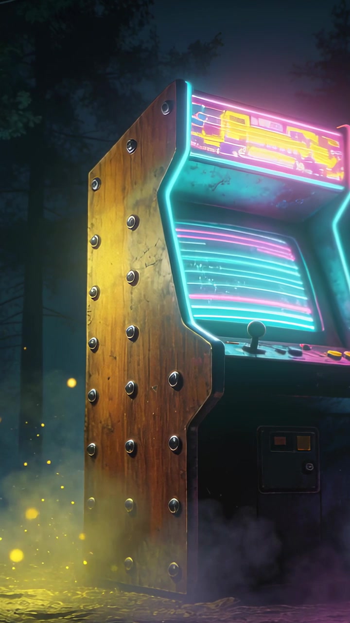 Vertical video: Powering up wood cabinet with CRT pulsing neon in mist forest, running attract-mode