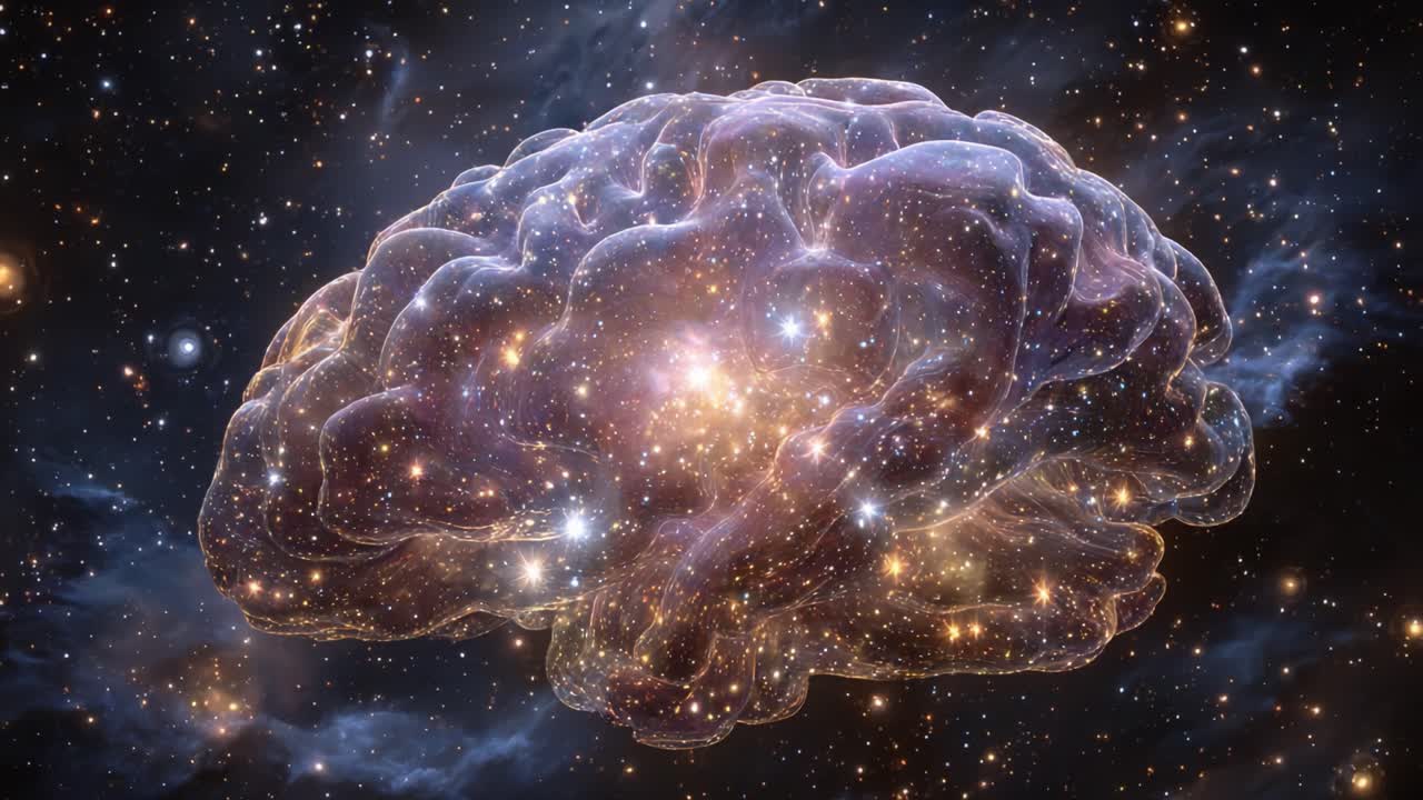 Una straordinaria visualizzazione del Cervello Cosmico: che unisce il concetto di intelligenza umana con la vastità dell'universo, evidenziando la connessione intrinseca tra mente e cosmo.