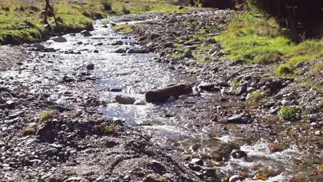 A-River-Flowing-Among-Meadows-With-Stones-During-Summer-In-Piatra-Craiului-Mountains,-Brasov-County,-Romania,-Static-Shot