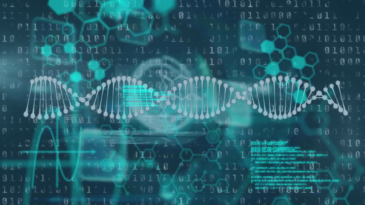 Animation of science data processing over dark background