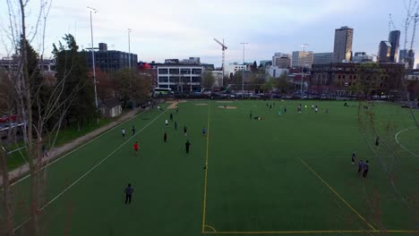 aerial of athletes playing recreational soccer at cal anderson park in seattle