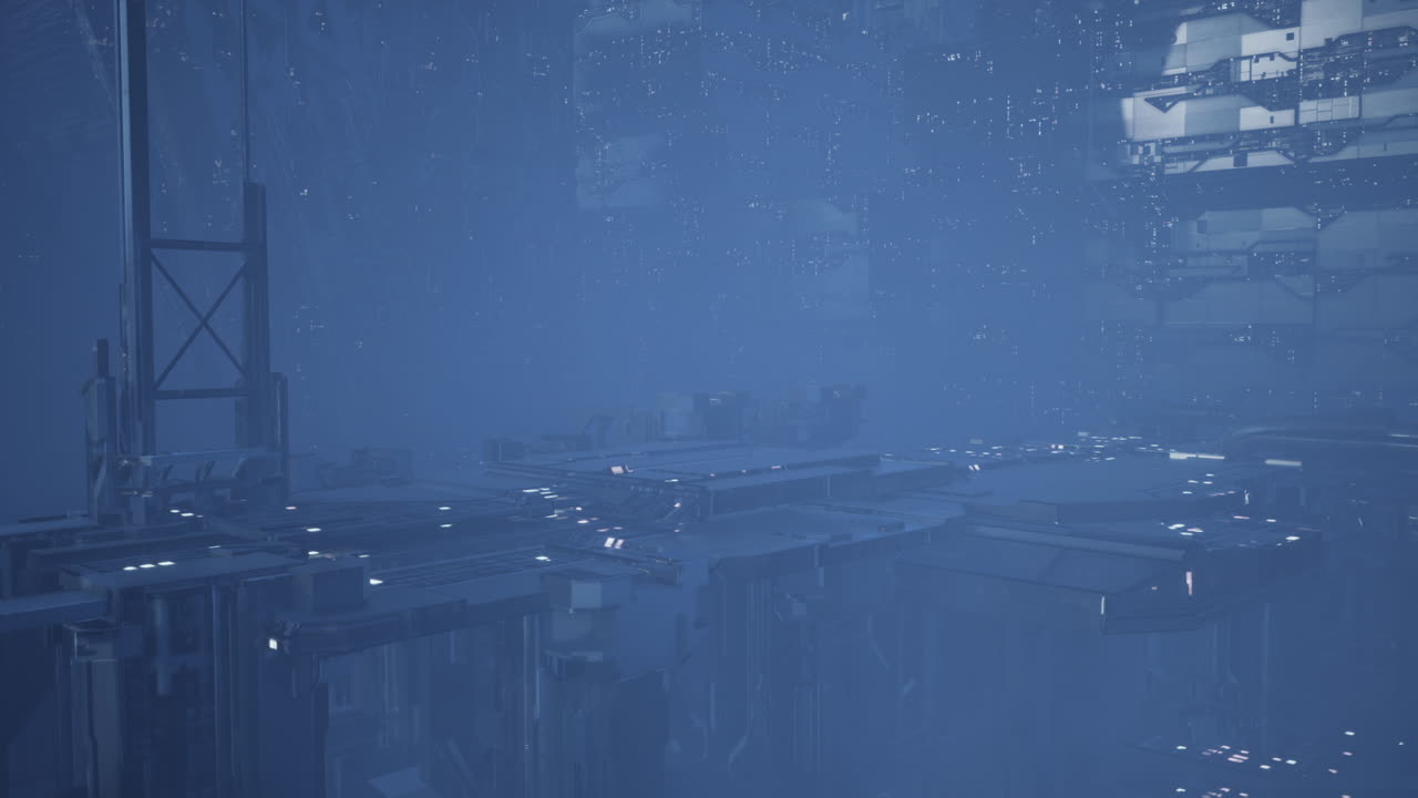 Futuristic floating city shrouded in mist during a rainy twilight