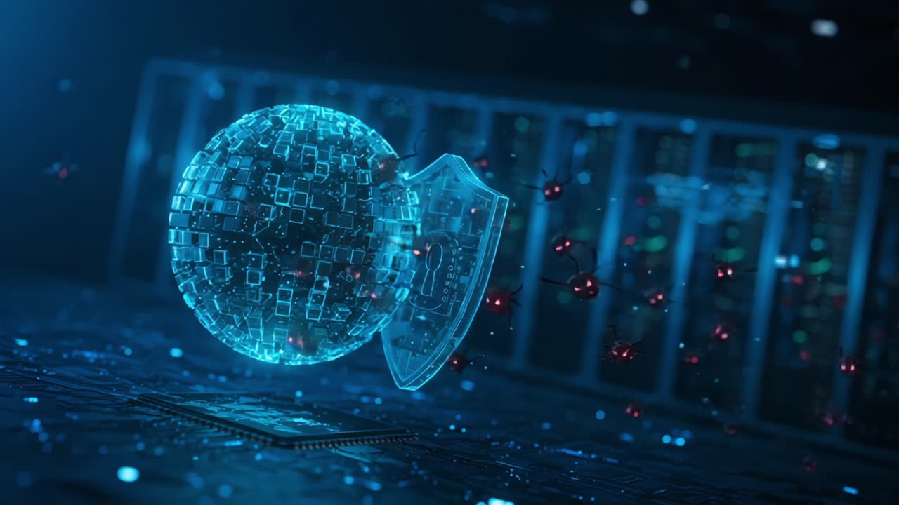 A Futuristic Cybersecurity Visualization Featuring a Digital Globe and Protective Shield, Representing Advanced Security Technologies and Data Protection Mechanisms