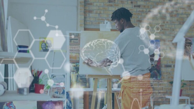 Artist grabbing primer and priming canvas for digital art dipping brush with floating brain graphic