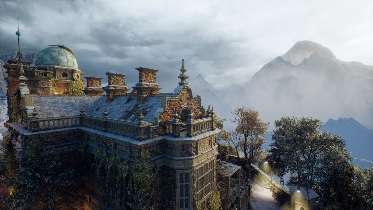 Mysterious ancient mansion perched on a mountain under a cloudy sky