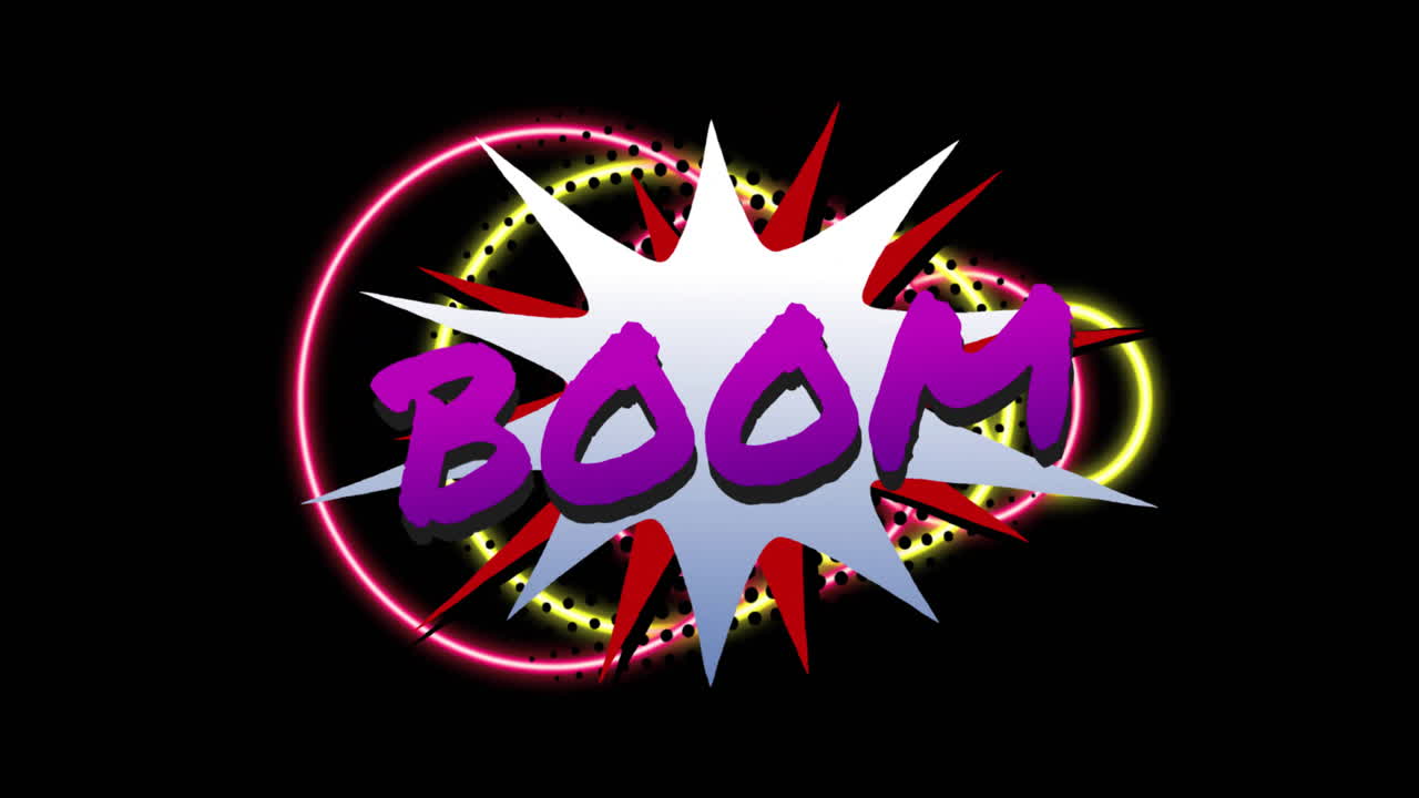 Animation of colorful burst with BOOM text and neon circle on black background