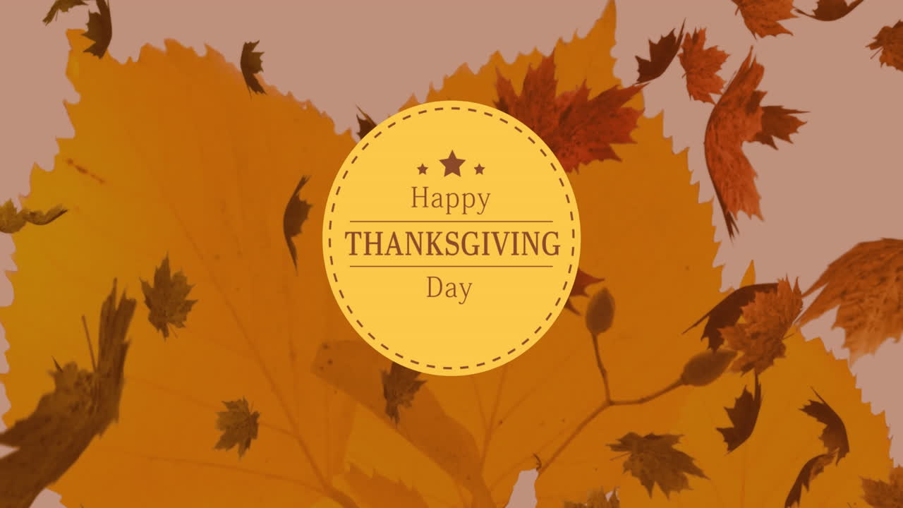 Animation of happy thanksgiving day text on orange circle over blowing autumn leaves