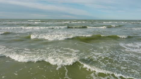 aerial establishing view of baltic sea coast, sunny day, white sand seashore dunes damaged by waves, pine tree forest, coastal erosion, climate changes, wide drone dolly shot moving left low