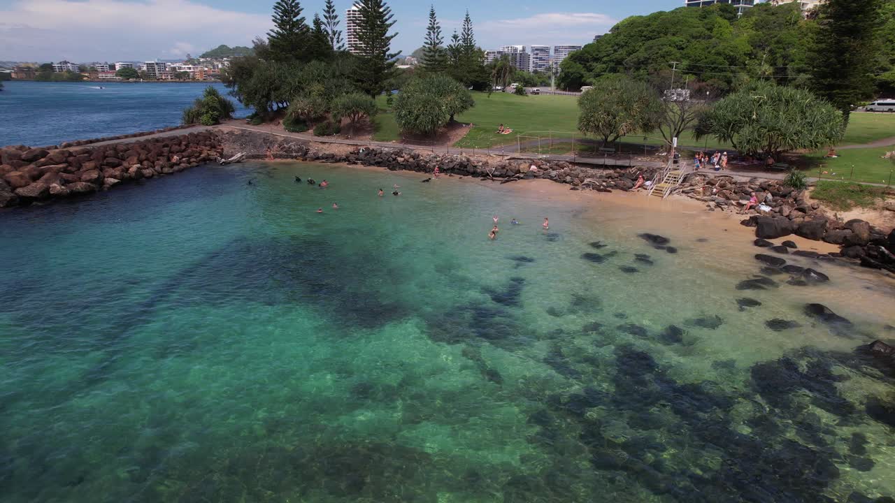 People Swimming At Little Duranbah Beach In Tweed Heads, NSW, Australia - Drone Shot