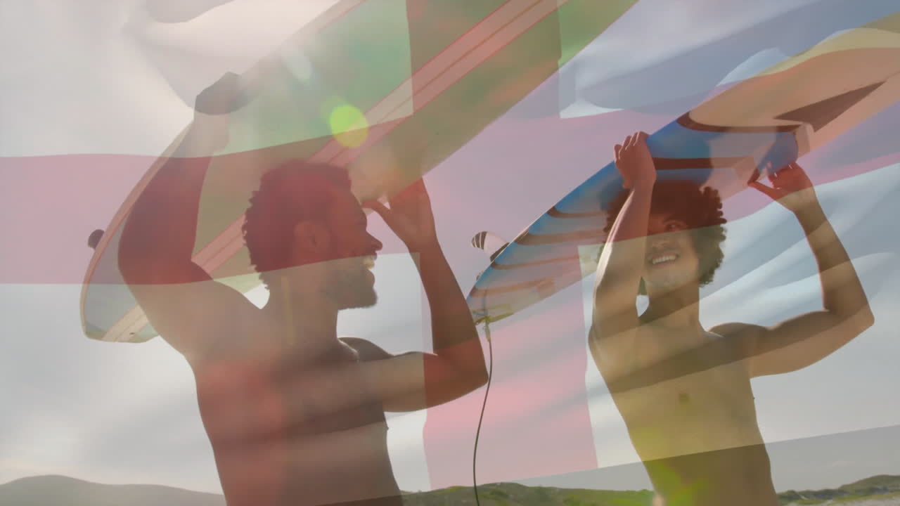 Carrying surfboards on sunny beach, two people enjoying colorful animation effects