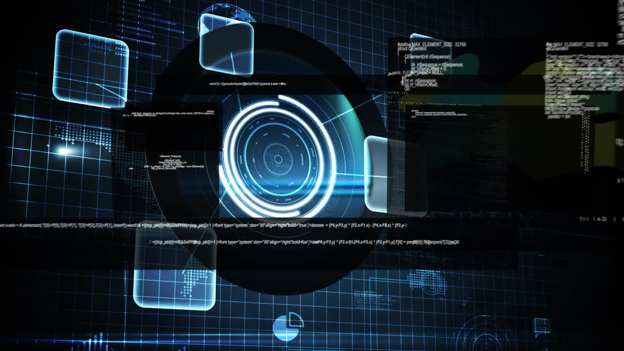 Digital animation of data processing against neon blue round scanner on black background