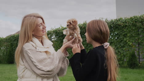 a woman and her daughter are playing with a puppy in their yard