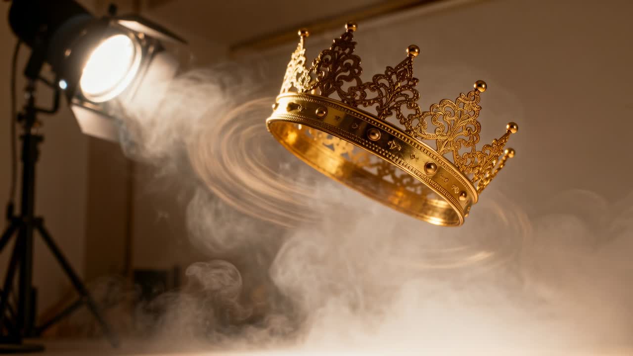 Corona d'oro ornata fluttuante che ruota in studio mentre una macchina del fumo rilascia nebbia, riflettore a sinistra
