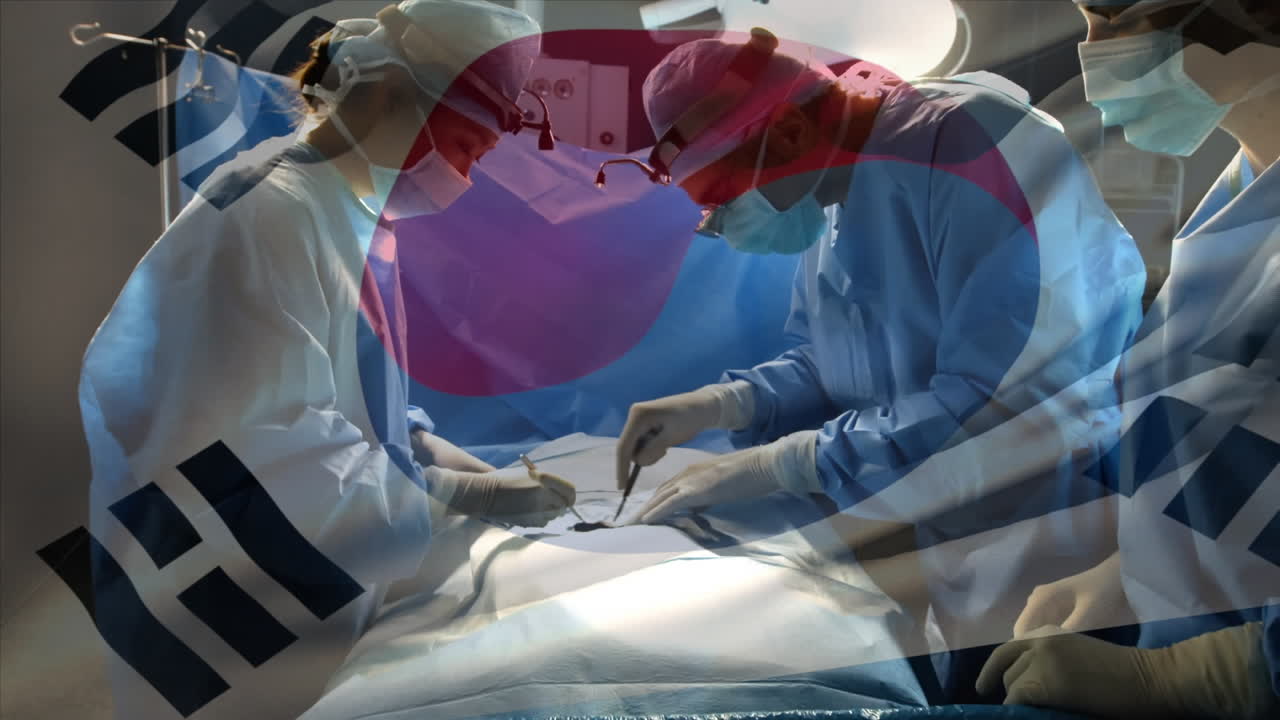 수술실에서 외과 의사 들 위 에 한국 국기 가 흔들리는 애니메이션