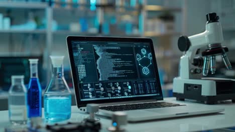 high-tech laboratory workspace with laptop and scientific equipment
