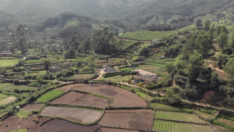 Farmlands-of-Tea-plantation-amidst-mountainous-landscape-in-Munnar,-India---Aerial-fly-over-tilt-up-Reveal