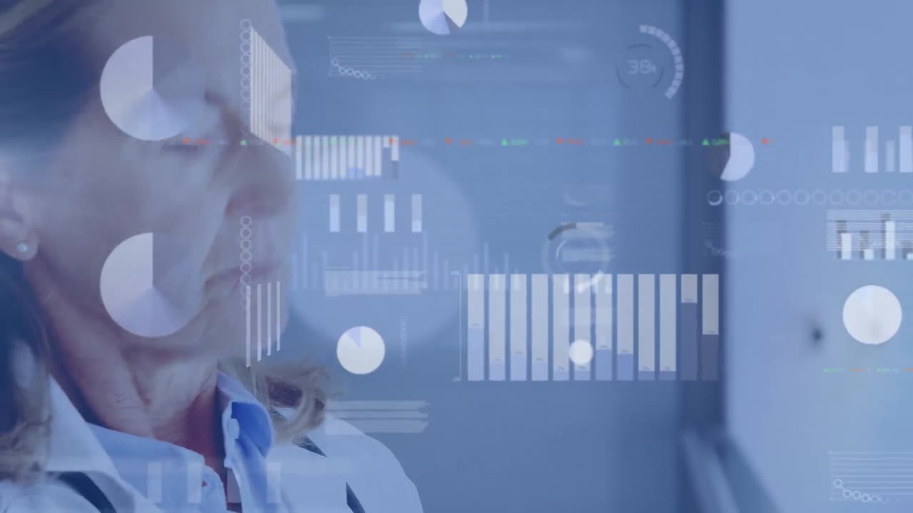 animación de la interfaz infográfica de hud sobre la mujer médica caucásica pensando y mirando hacia otro lado