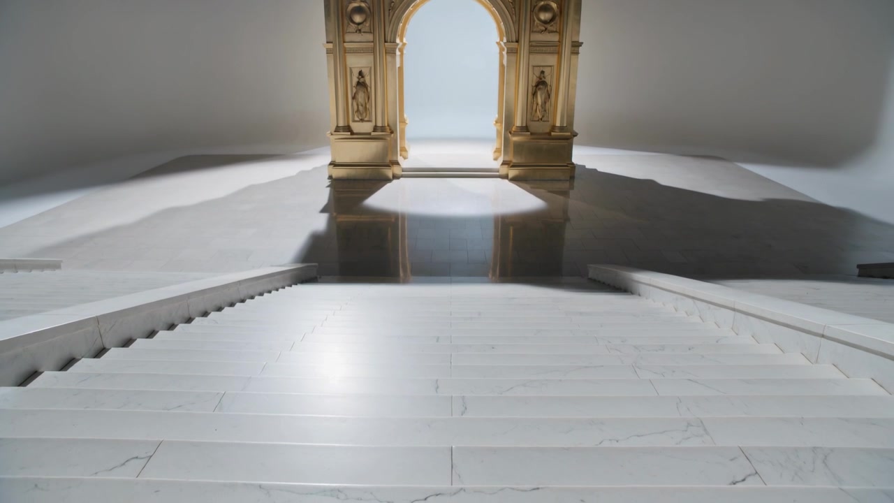 La telecamera che zooma rivela un arco dorato centrato in cima a scale di marmo bianco, evidenziando il riflesso.