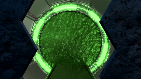 iron rusty hatch opens panoramic view to the spaceship landscape scene. 3d abstract background of sci-fi corridor with portal. futuristic technology abstract vj for tech titles and background.