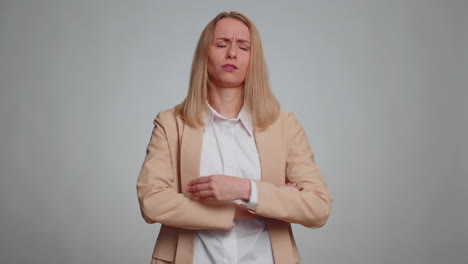 dissatisfied business woman asking reason of failure expressing disbelief irritation feeling bored