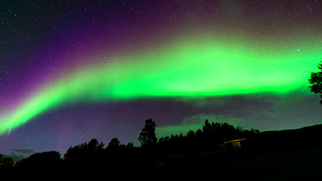 stunning aurora borealis over a cabin in the woods