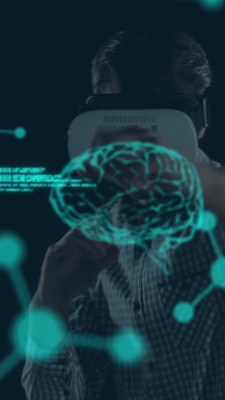 Animation of human brains spinning and data processing over businessman wearing vr headset