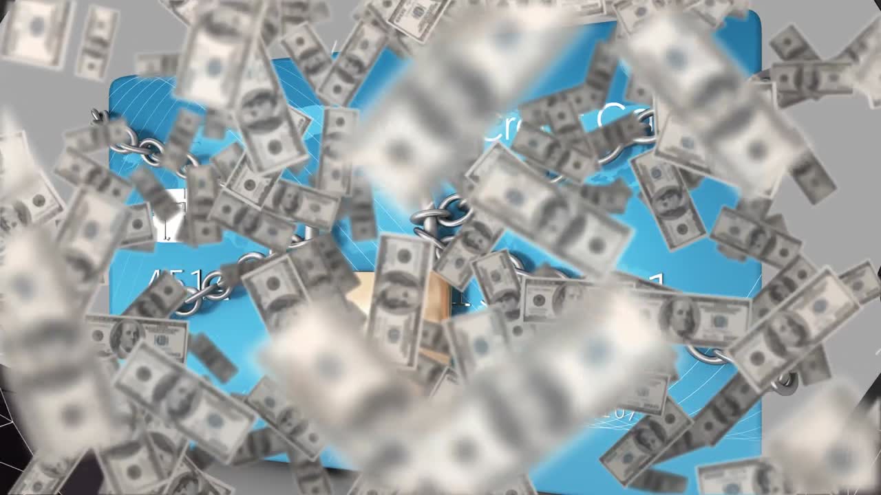 은행 카드 위 에 떠 있는 달러 의 애니메이션 , 체인 과  ⁇ 락 을 가진 것