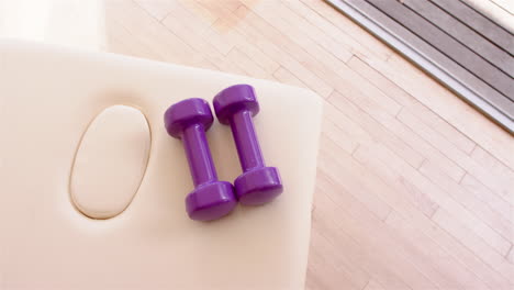 purple dumbbells on massage table in physical therapy clinic for senior care, copy space