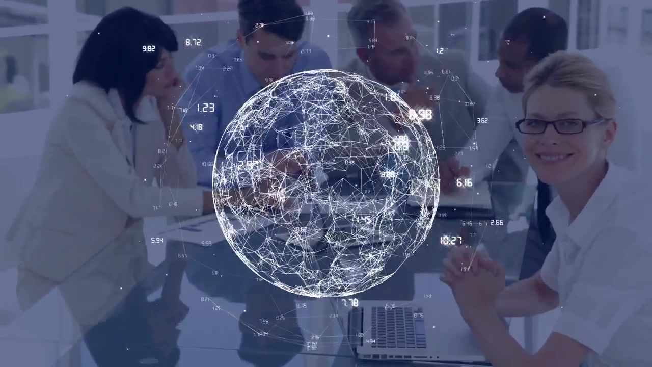 Right woman typing, starting business team using tablet, globe growing above table, showing data